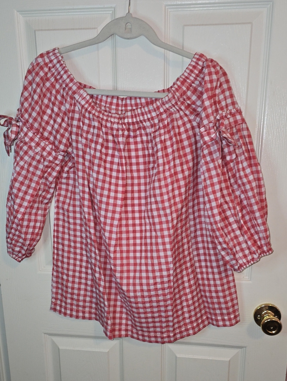 Max Studio Red and White Gingham Off-Shoulder Tunic